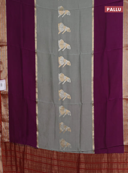 Semi mysore silk saree grey purple and rustic orange with zari woven buttas and long zari woven border