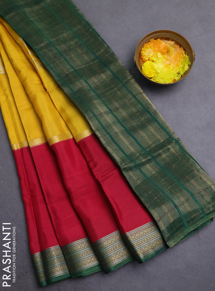 Semi mysore silk saree yellow maroon and green with zari woven buttas and zari woven border