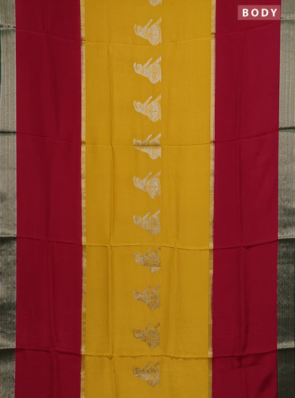 Semi mysore silk saree yellow maroon and green with zari woven buttas and zari woven border