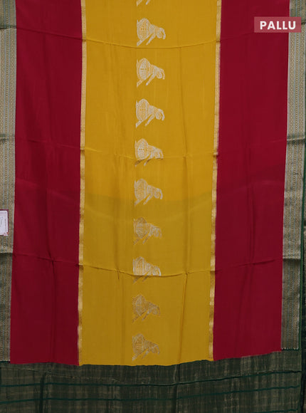 Semi mysore silk saree yellow maroon and green with zari woven buttas and zari woven border