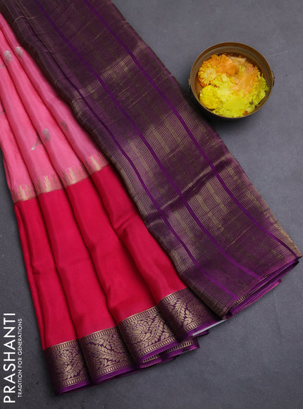 Semi mysore silk saree light pink and pink purple with zari woven buttas and rettapet zari woven border