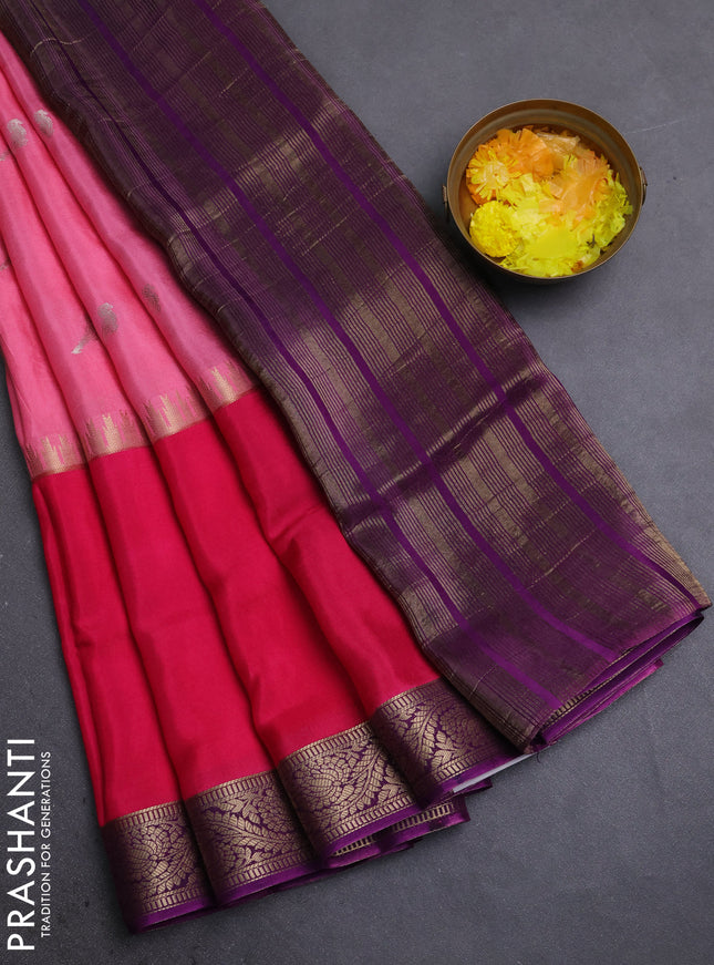 Semi mysore silk saree light pink and pink purple with zari woven buttas and rettapet zari woven border