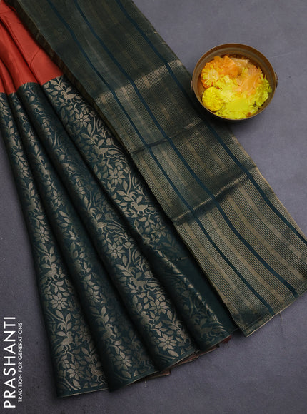 Semi mysore silk saree rustic orange and bottle green with half & half style and long zari woven border