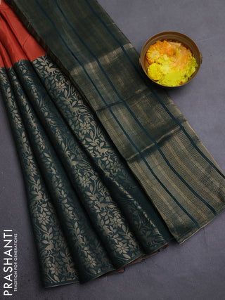 Semi mysore silk saree rustic orange and bottle green with half & half style and long zari woven border
