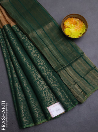 Semi mysore silk saree sandal and green with half & half style and long zari woven border