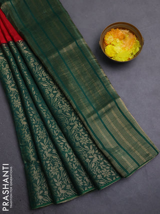 Semi mysore silk saree red and green with half & half style and long zari woven border