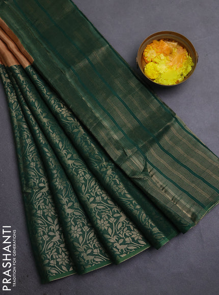 Semi mysore silk saree sandal and green with half & half style and long zari woven border