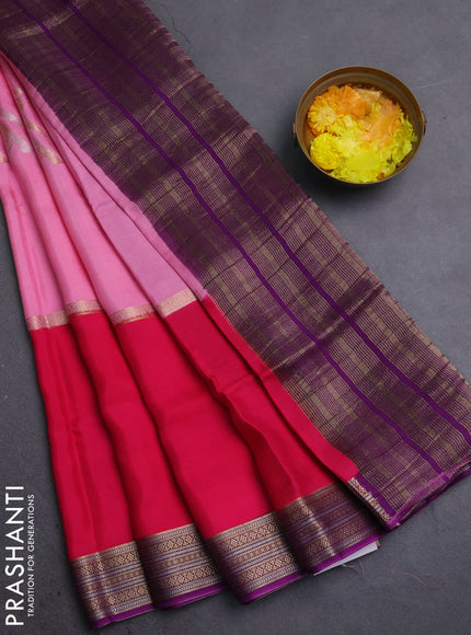 Semi mysore silk saree pink and purple with zari woven buttas and rettapet zari woven border