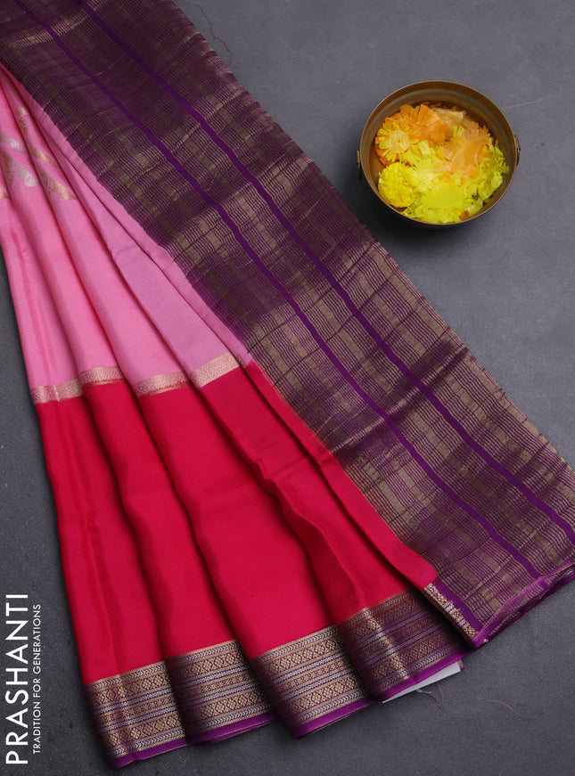 Semi mysore silk saree pink and purple with zari woven buttas and rettapet zari woven border
