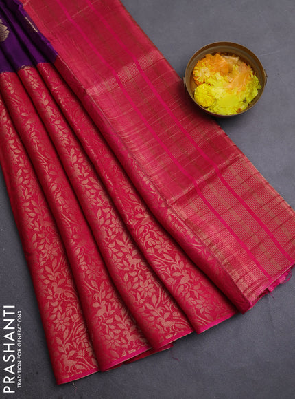 Semi mysore silk saree purple and pink with half & half style and long zari woven border