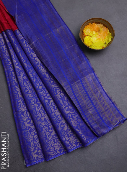 Semi mysore silk saree dark pink and blue with half & half style and long zari woven border