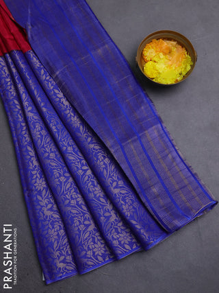 Semi mysore silk saree dark pink and blue with half & half style and long zari woven border