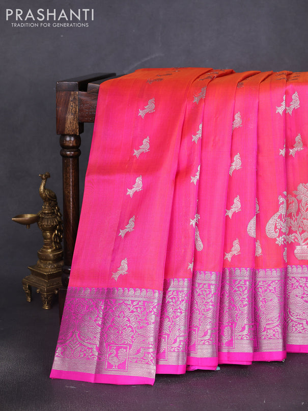 Venkatagiri silk saree dual shade of pinkish orange and pink with silver zari woven buttas and silver zari woven border