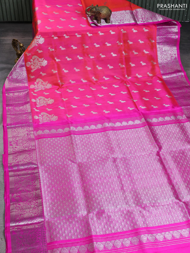 Venkatagiri silk saree dual shade of pinkish orange and pink with silver zari woven buttas and silver zari woven border