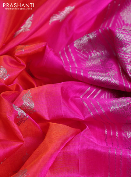 Venkatagiri silk saree dual shade of pinkish orange and pink with silver zari woven buttas and silver zari woven border