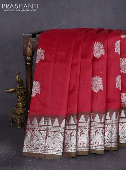 Venkatagiri silk saree red and manthulir green with silver zari woven buttas and silver zari woven border