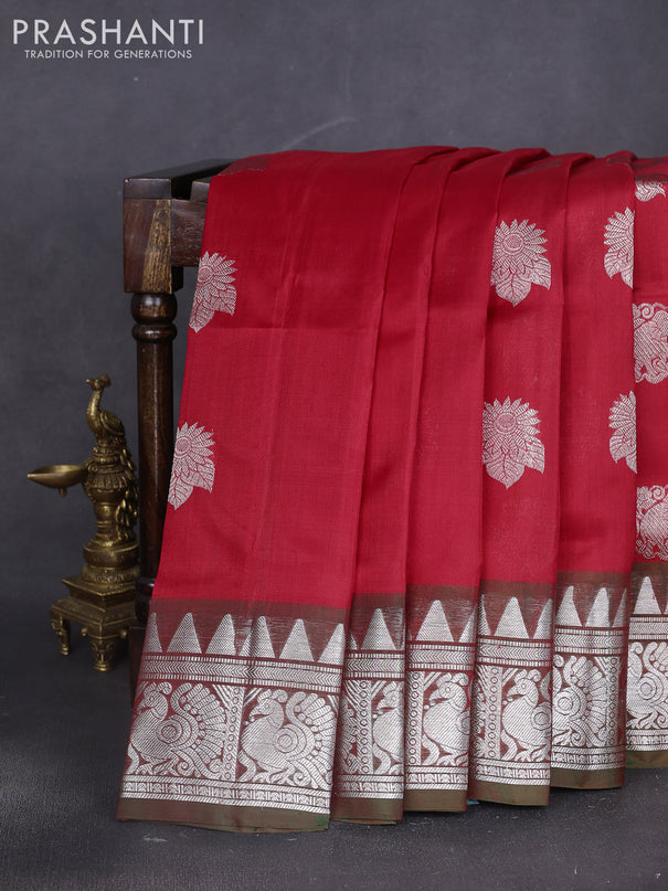 Venkatagiri silk saree red and manthulir green with silver zari woven buttas and silver zari woven border