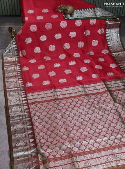 Venkatagiri silk saree red and manthulir green with silver zari woven buttas and silver zari woven border