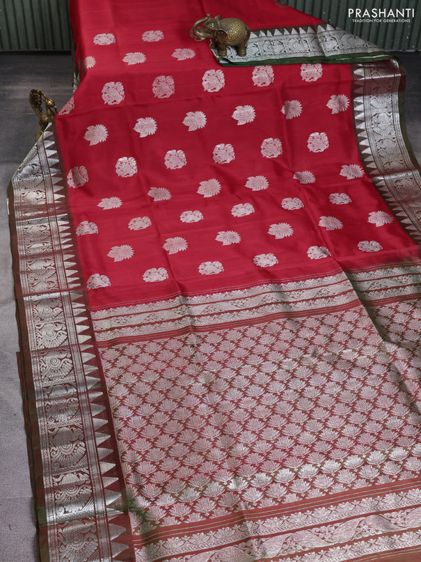 Venkatagiri silk saree red and manthulir green with silver zari woven buttas and silver zari woven border