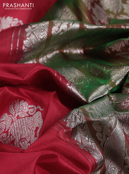 Venkatagiri silk saree red and manthulir green with silver zari woven buttas and silver zari woven border