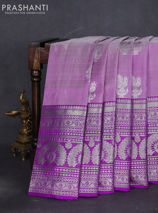 Venkatagiri silk saree lavender and violet with silver zari woven buttas and long silver zari woven border
