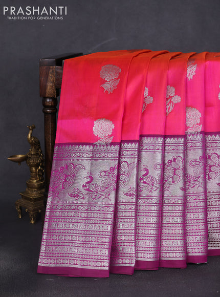 Venkatagiri silk saree dual shade of pinkish orange and purple with silver zari woven buttas and long silver zari woven border