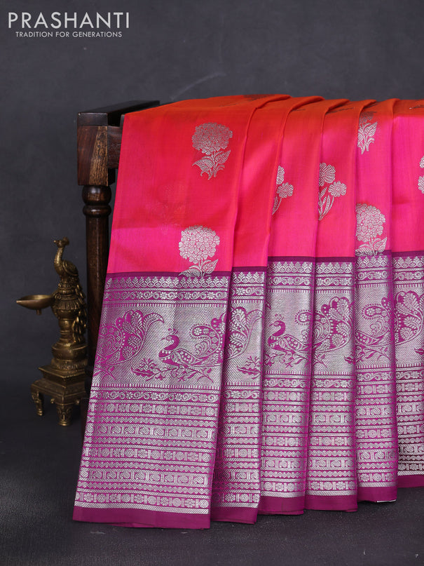 Venkatagiri silk saree dual shade of pinkish orange and purple with silver zari woven buttas and long silver zari woven border