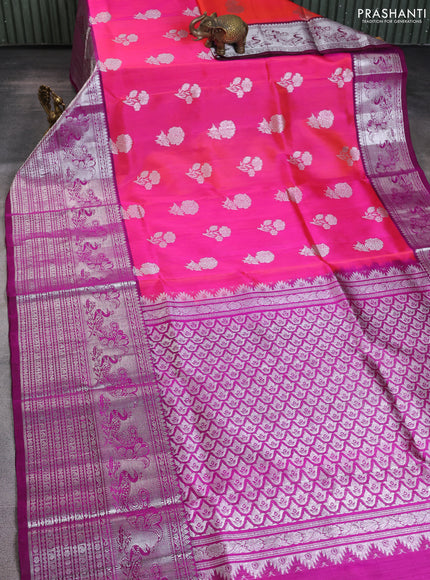 Venkatagiri silk saree dual shade of pinkish orange and purple with silver zari woven buttas and long silver zari woven border