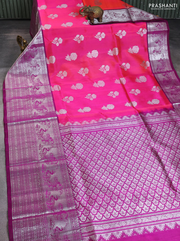 Venkatagiri silk saree dual shade of pinkish orange and purple with silver zari woven buttas and long silver zari woven border