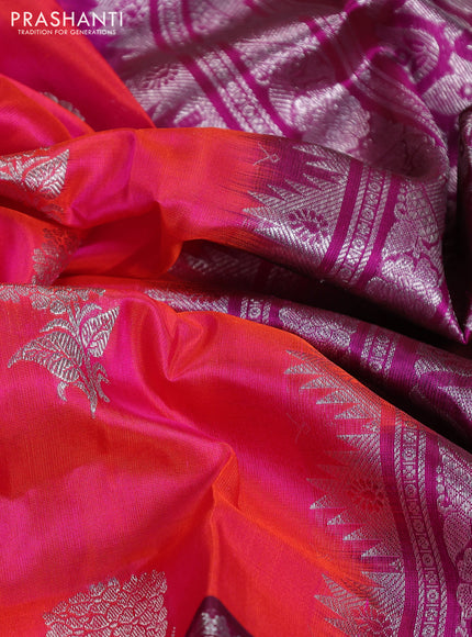 Venkatagiri silk saree dual shade of pinkish orange and purple with silver zari woven buttas and long silver zari woven border