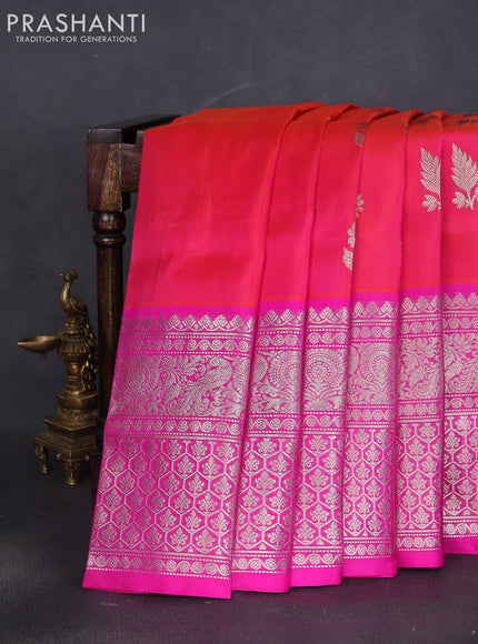 Venkatagiri silk saree dual shade of pinkish orange and pink with silver zari woven buttas and long silver zari woven border
