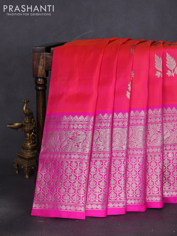 Venkatagiri silk saree dual shade of pinkish orange and pink with silver zari woven buttas and long silver zari woven border