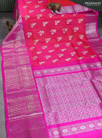 Venkatagiri silk saree dual shade of pinkish orange and pink with silver zari woven buttas and long silver zari woven border