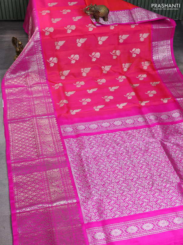 Venkatagiri silk saree dual shade of pinkish orange and pink with silver zari woven buttas and long silver zari woven border
