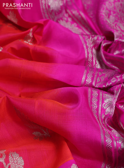 Venkatagiri silk saree dual shade of pinkish orange and pink with silver zari woven buttas and long silver zari woven border