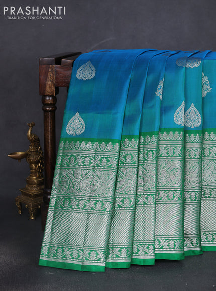 Venkatagiri silk saree dual shade of teal blue and green with silver zari woven buttas and long silver zari woven border