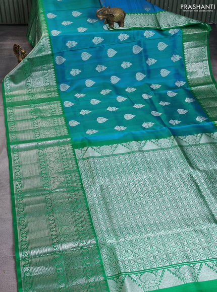 Venkatagiri silk saree dual shade of teal blue and green with silver zari woven buttas and long silver zari woven border