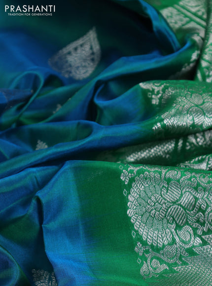 Venkatagiri silk saree dual shade of teal blue and green with silver zari woven buttas and long silver zari woven border