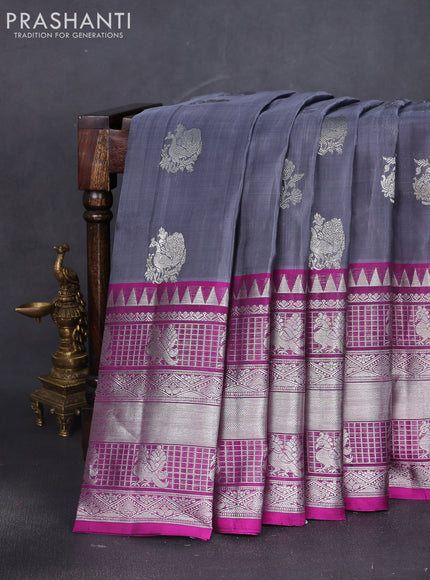 Venkatagiri silk saree grey and purple with silver zari woven buttas and long silver zari woven border