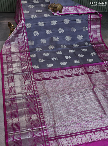 Venkatagiri silk saree grey and purple with silver zari woven buttas and long silver zari woven border