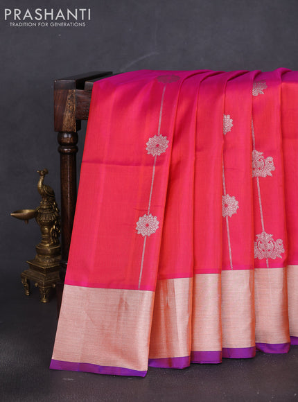 Venkatagiri silk saree dual shade of pinkish orange and blue with allover silver zari weaves and silver zari woven border
