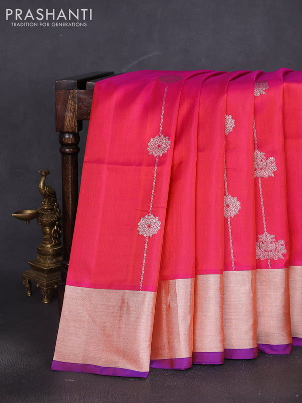 Venkatagiri silk saree dual shade of pinkish orange and blue with allover silver zari weaves and silver zari woven border