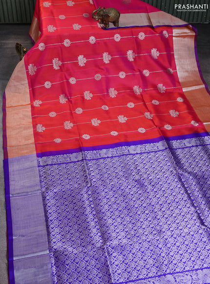 Venkatagiri silk saree dual shade of pinkish orange and blue with allover silver zari weaves and silver zari woven border