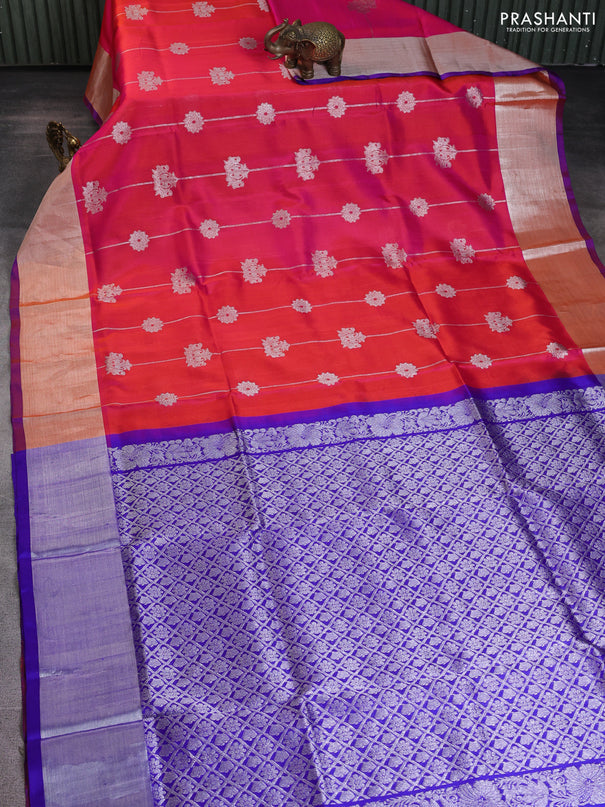 Venkatagiri silk saree dual shade of pinkish orange and blue with allover silver zari weaves and silver zari woven border