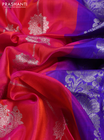 Venkatagiri silk saree dual shade of pinkish orange and blue with allover silver zari weaves and silver zari woven border