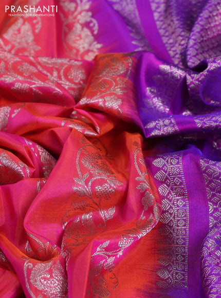 Venkatagiri silk saree dual shade of pinkish orange and purple with allover silver zari weaves and silver zari woven border