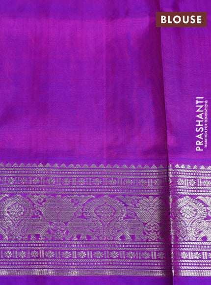 Venkatagiri silk saree dual shade of pinkish orange and purple with allover silver zari weaves and silver zari woven border