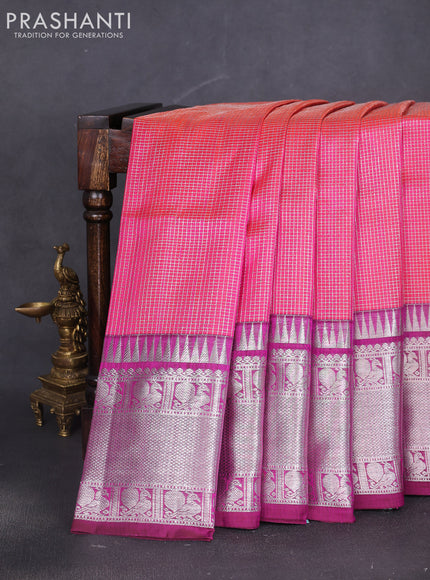 Venkatagiri silk saree dual shade of pinkish orange and purple with allover snall zari checks and long silver zari woven border