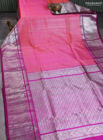 Venkatagiri silk saree dual shade of pinkish orange and purple with allover snall zari checks and long silver zari woven border