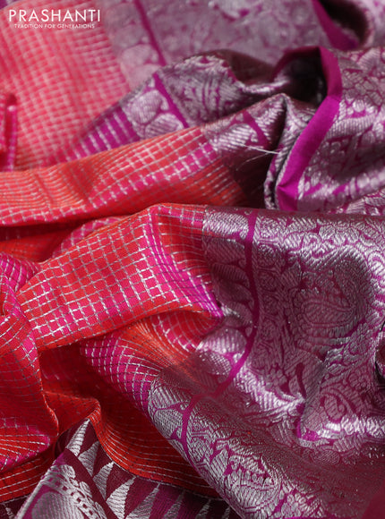 Venkatagiri silk saree dual shade of pinkish orange and purple with allover snall zari checks and long silver zari woven border